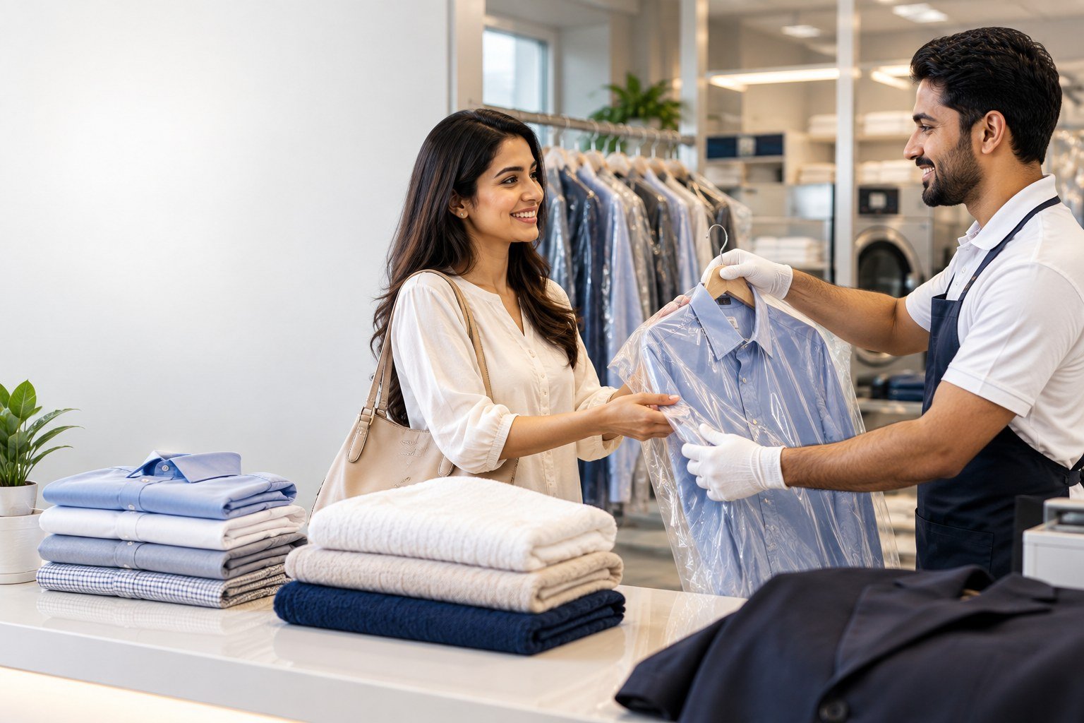 Illustrative garment handover between a customer and a laundry professional