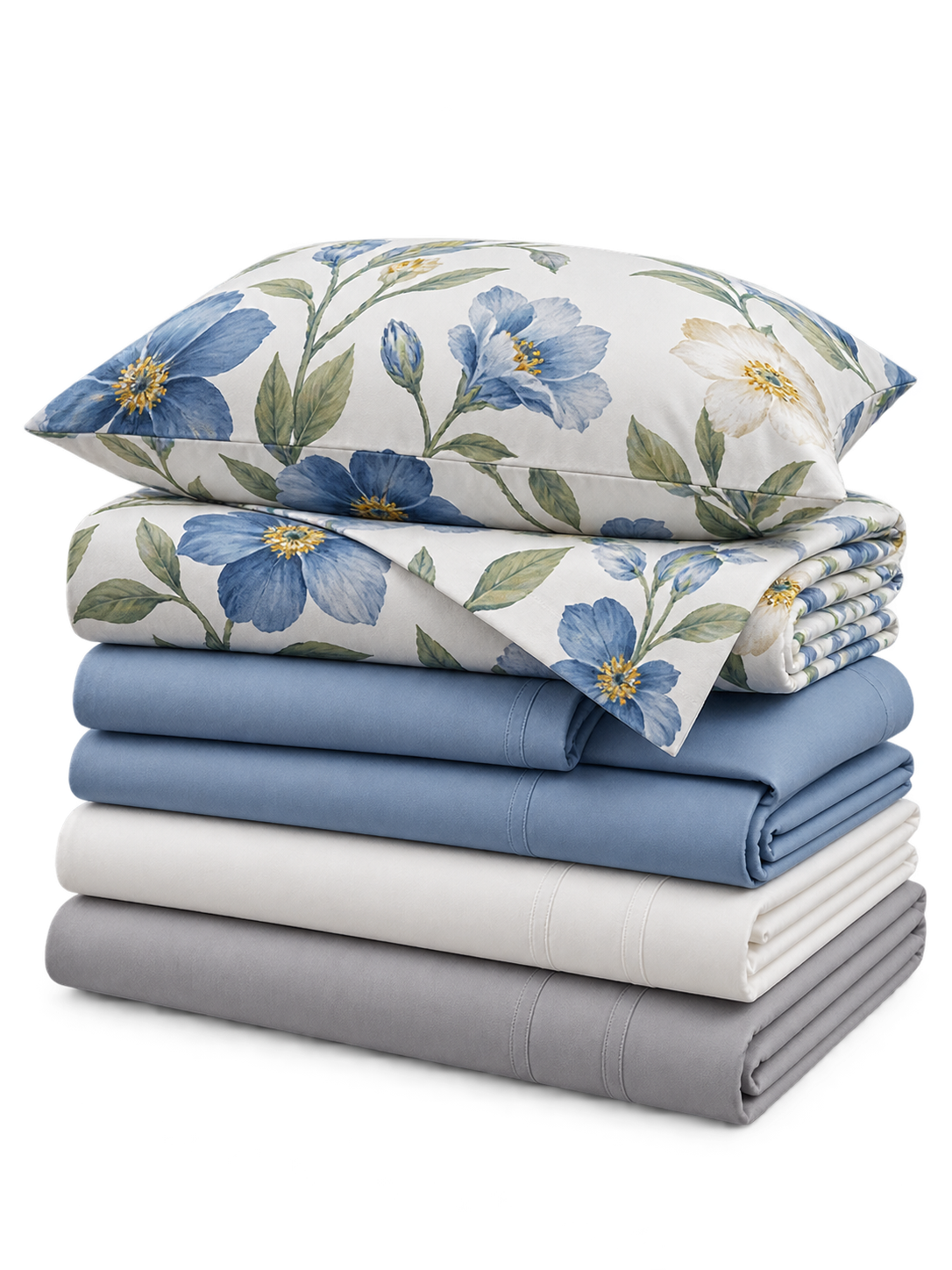 Colorful bedsheets and linen set on transparent background