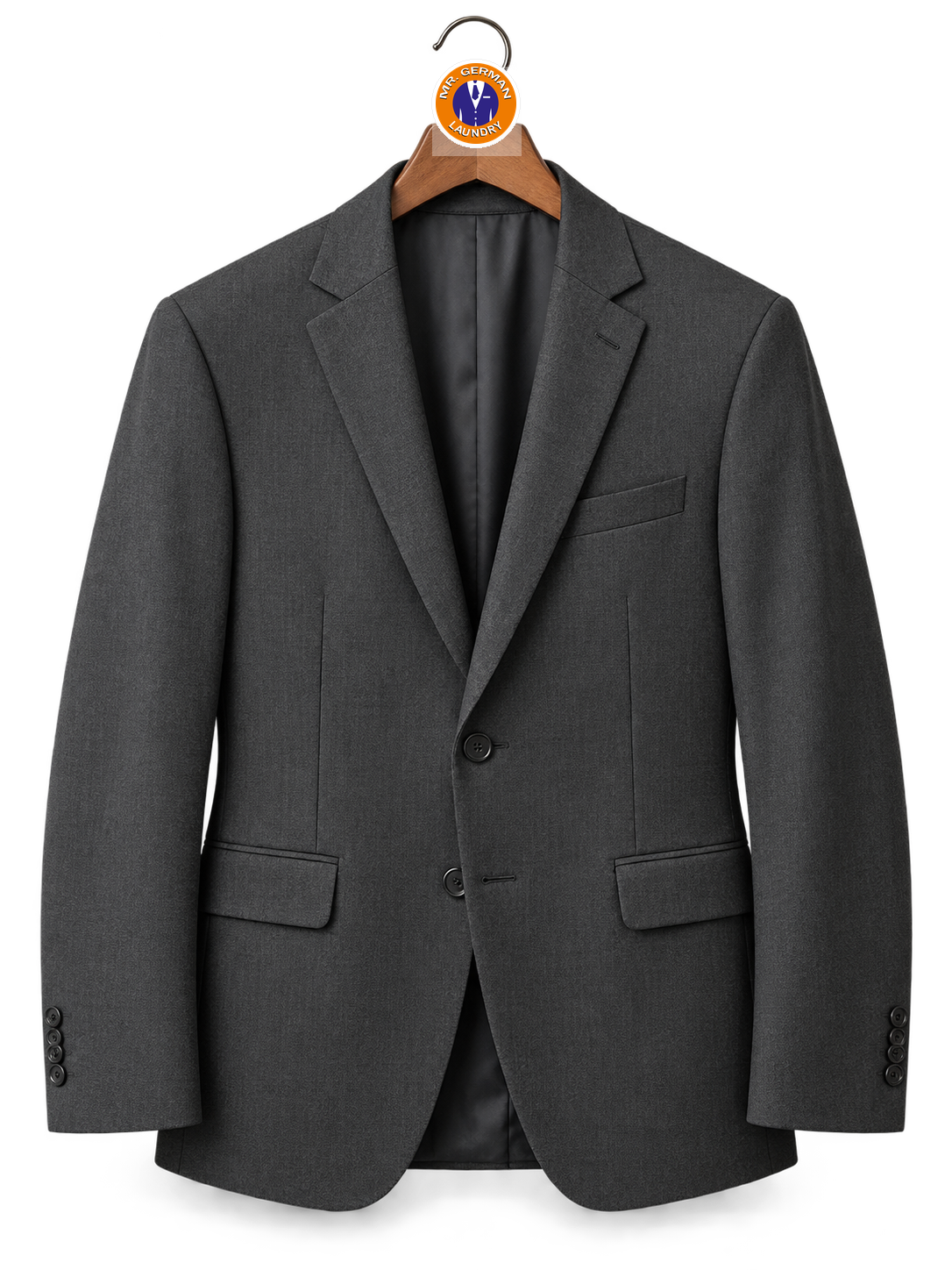 Special-occasion garments on hanger with Mr German Laundry logo